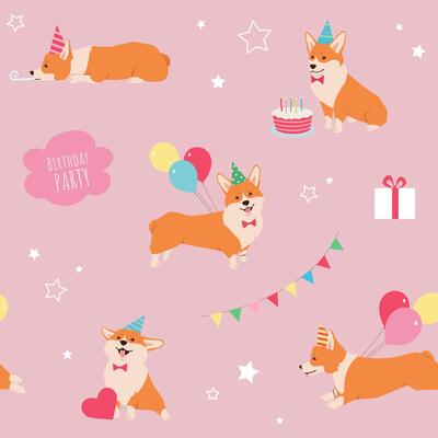 Birthday dog seamless pattern on pink background. Cartoon Corgi with balloons, cake, gift and decorations illustration