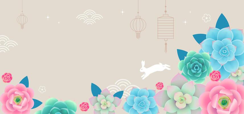Mid-Autumn Festival background with flowers, lanterns and white rabbit. Chuseok template with place for text. Moon festival illustration