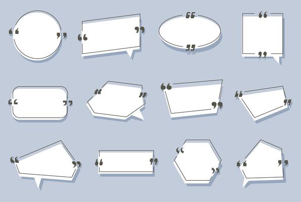 Quote mark banner. Text boxes with quotation marks, speech bubble frames for message UI, comment dialog quotes borders for blog feedback design. isolated set