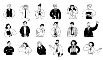 Sketch person expression. Line people emotions, office man woman workers expressive portraits with emotional faces. happy sad feelings expression doodle set vector