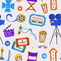 Movie pattern. Cinema film production elements, seamless print of cinematography icons, endless background with clapperboard camera reel tape popcorn. texture vector