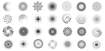 Half tone circle shapes. Dotted round geometric elements, abstract brush dots pop art textures, retro vintage comic splash and dot spray symbols. isolated set vector