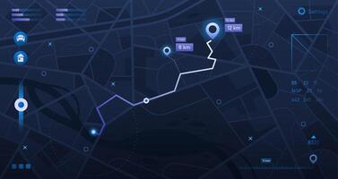 Map navigation interface. Mobile app dashboard with city map and street plan, location tracking, route GPS navigation and statistics. roadmap tracker concept vector