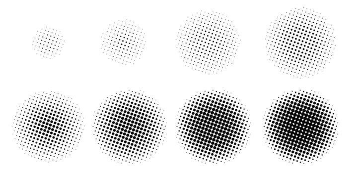 Half tone growing circles. Dotted round shapes, circular gradient frames for logo design, black and white halftone radial dots stipple patterns. circle dot set vector