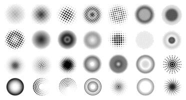 Halftone circles. Black dotted round shapes for retro graphic design, monochrome gradient half tone spot elements modern texture. pop art set vector