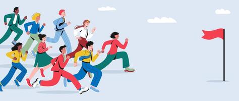 Group of runners competing towards a flag vector