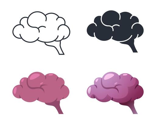 Brain line silhouette icon. Outline human head with creative thinking symbols, black gradient and flat concept of imagination and intelligence. human brain isolated set