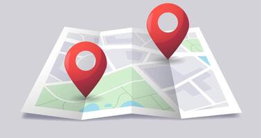 Folded city map with pin. 3D city road icon, paper tourist guide with location pointer, isometric cartography navigation concept. map symbol vector