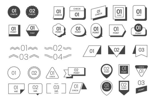 Simple list element. Title frame doodle geometric figures with numbers forms and shapes, check marks and memo banners. number bullet point isolated set vector