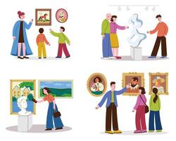 People exploring an art gallery together vector