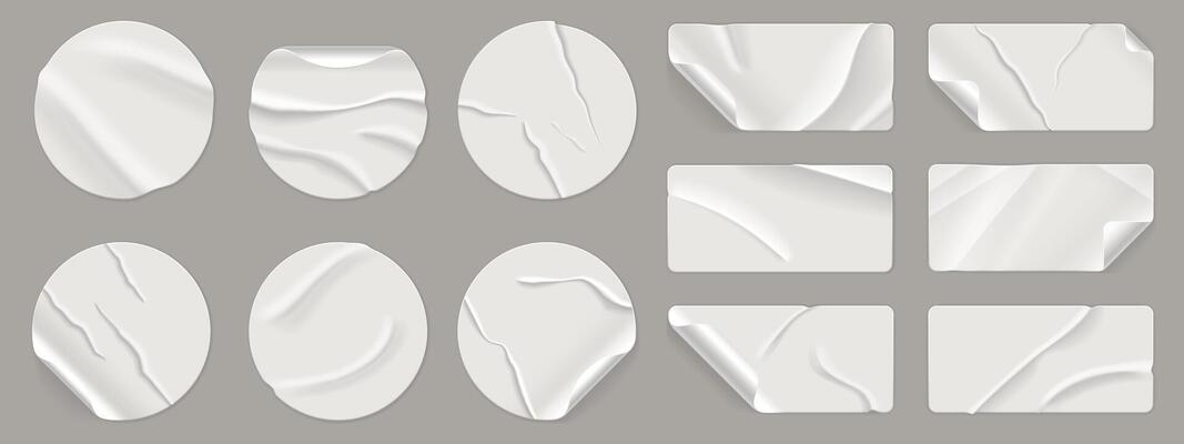 Wrinkled round stickers. Crumpled texture circle paper labels with adhesive glued tape, realistic round rectangle wrinkle sticker badges mockup for sale price. isolated set