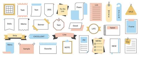 Simple memo. Paper note frame pages with titles, cute sticky notes paper with lined and crossed borders for writing. note page sticker set vector