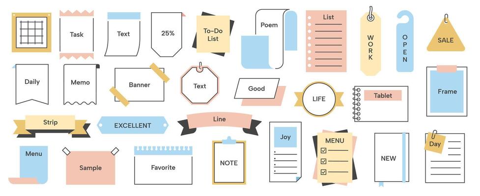 Simple memo. Paper note frame pages with titles, cute sticky notes paper with lined and crossed borders for writing. note page sticker set