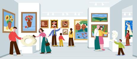 Visitors enjoy an art gallery exhibition vector