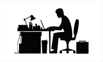 Man working at desk laptop office silhouette vector