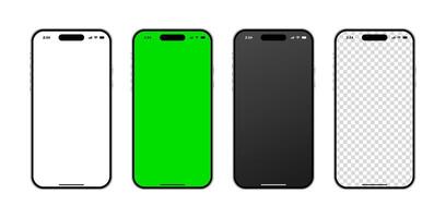 Realistic mobile phone mockup with blank green screen, black display for advertisement and social media template. Smartphone with notification icons illustration vector
