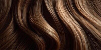 Full-frame top-down view of long wavy hair, natural chestnut brown, soft sidelight enhancing curves and shadows, silky texture. photo