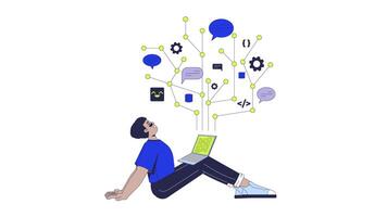Joy of programming 2D animation. IT school course. Coding education. Dev elearning. Developer student sitting with laptop animated character cartoon flat concept metaphor 4K isolated on white video