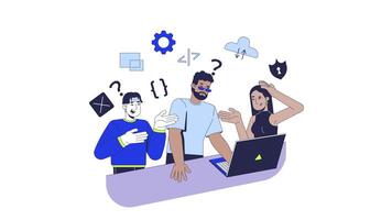 Learning to code in group 2D animation. IT school course. Collaborative development. Diverse programming team discussion animated characters cartoon flat concept metaphor 4K isolated on white video