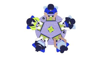 Hackathon programming group top view cartoon animation. IT school. Coding class. Code team. Diverse developers laptops around round table animated flat 2D characters 4K isolated on white video
