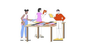 Diverse bookstore visitors browsing books on display table 2D characters animation. Bookshop students selecting novels on bookfair animated people cartoon 4K isolated on white transparent video