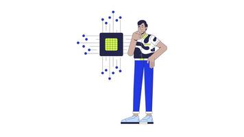 Confused by electronics 2D animation. IT school course. Machine learning. Indian student curiosity in microchip processor animated character cartoon flat concept metaphor 4K isolated on white video