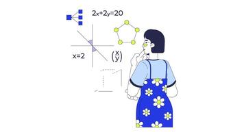 Learning mathematics for programming 2D animation. Asian female math student studying equations geometry in STEM coding animated character cartoon flat concept metaphor 4K isolated on white video
