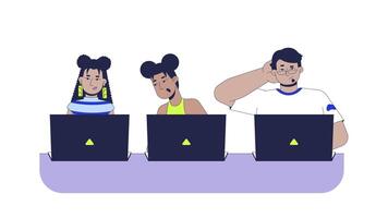 Writing code practice cartoon animation. Coding bootcamp. IT school course. Hackathon. Diverse students working on laptops animated flat 2D characters 4K isolated on white, scene storytelling video