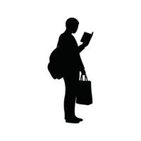 Silhouette of a person reading a book carrying a backpack and shopping bag vector