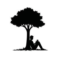 Silhouette of Person Reading Book Underneath Tree Black and White Illustration vector