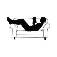 Relaxing man reading a book on a couch black and white silhouette illustration vector