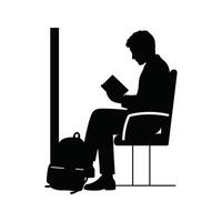 Silhouette of a man reading a book while sitting on a chair with a backpack vector