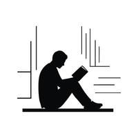 Silhouette of a person sitting and reading a book illustration black and white simple design vector