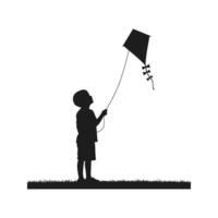 Silhouette of a Child Flying a Kite in a Field Black and White Illustration vector