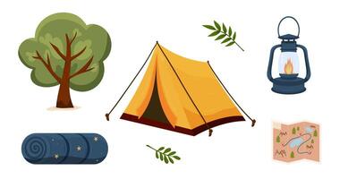 Camping gear elements including tent, lantern, map and sleeping bag vector