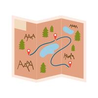 Folded travel map with trees, lakes, and route markers shown. vector
