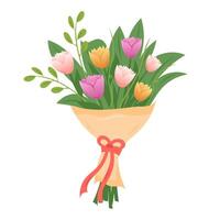 Colorful bouquet of tulips with greens wrapped in paper on a white background vector