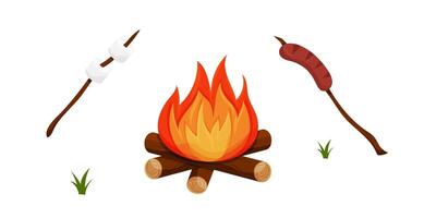 Camping set.Campfire with marshmallows and sausage on sticks vector