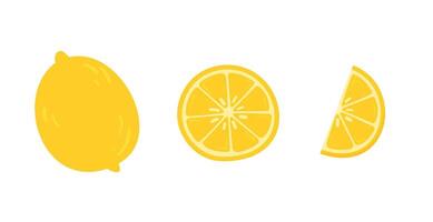 Whole lemon, lemon slice, and wedge on white background in flat style. vector