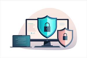 A computer screen with a shield and a laptop vector