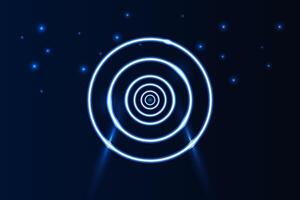 Abstract concentric neon blue circles glowing against a dark backdrop with scattered light particles, perfect for tech or sci fi themes vector