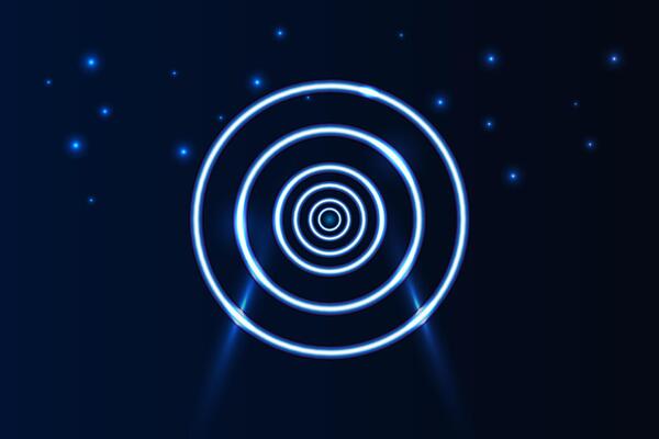 Abstract concentric neon blue circles glowing against a dark backdrop with scattered light particles, perfect for tech or sci fi themes