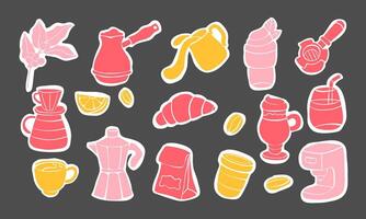 18 hand-drawn coffee stickers. Set of abstract coffee stickers for design vector