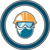 Colored safety icon with helmet, goggles, and mask in blue round frame without background vector