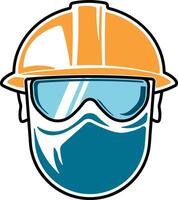 Colored safety icon showing helmet, goggles, and mask inside blue round frame without background vector