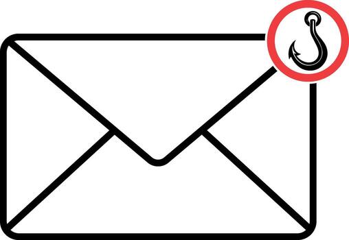 Black icon of an envelope with a hook inside a red round frame, representing phishing email warning, without background vector