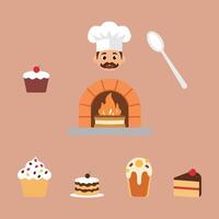 Bakery and dessert icon set with oven and chef illustration. vector