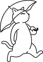 Cute cat walking with umbrella line art. vector