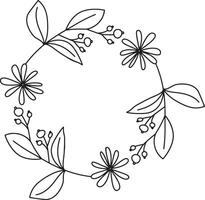 Floral wreath with leaves and berries line art. vector
