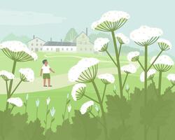 A boy examines a dangerous hogweed vector